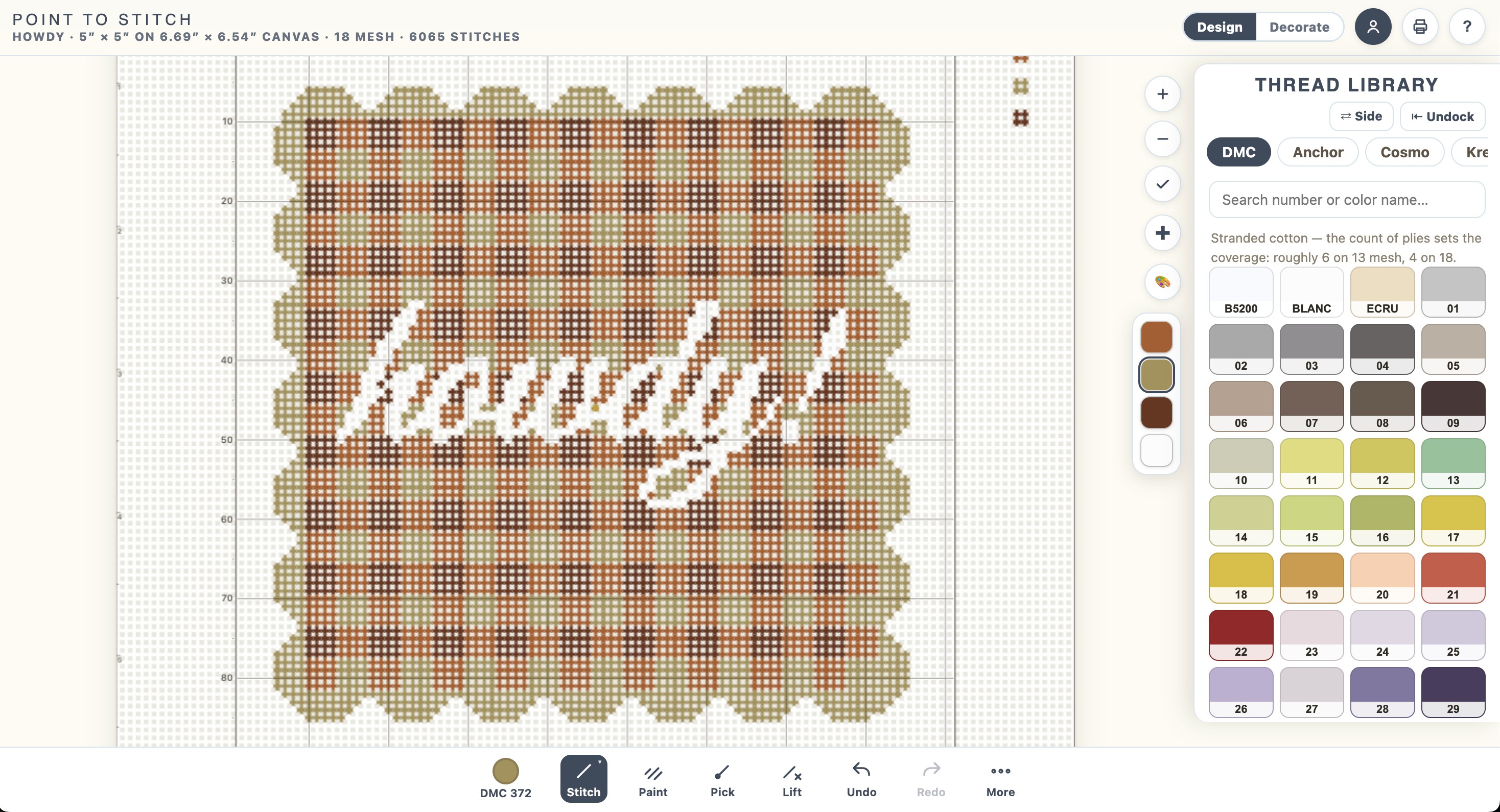The Point to Stitch editor charting the howdy! gingham design, with the DMC thread library open