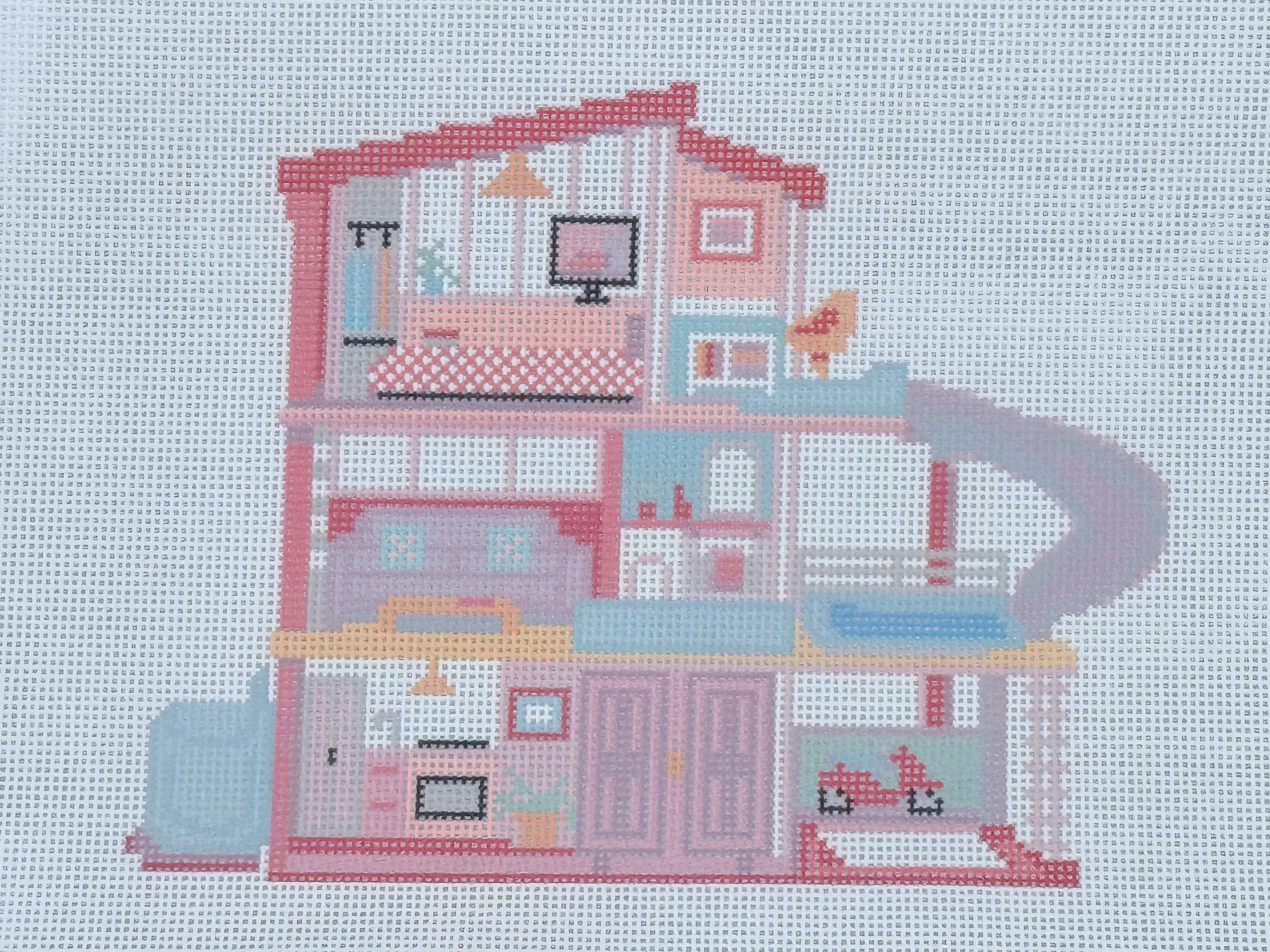 A printed dollhouse canvas — three floors of rooms in pinks and blues on white mesh