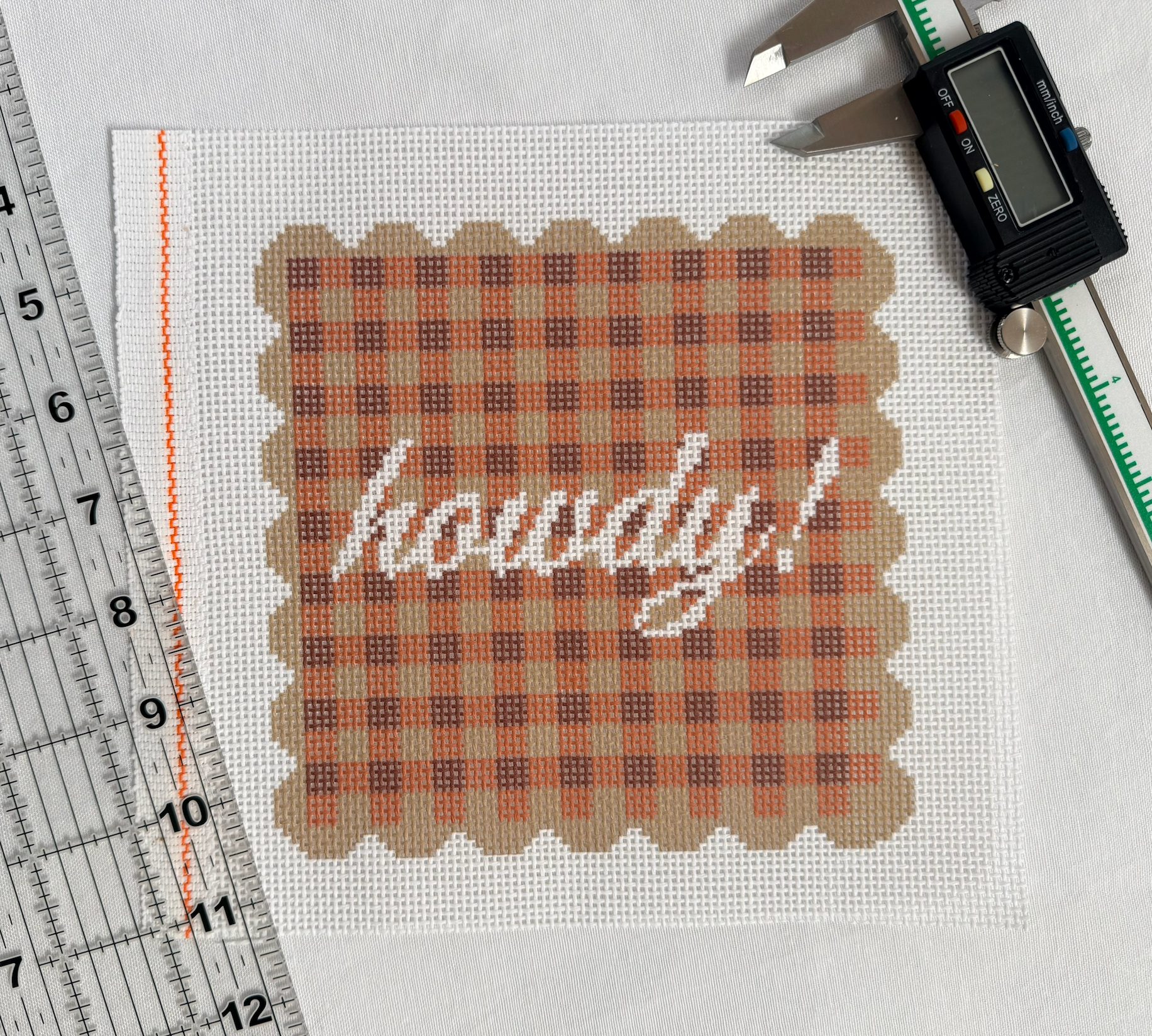 A printed scalloped gingham howdy! canvas on Zweigart mesh
